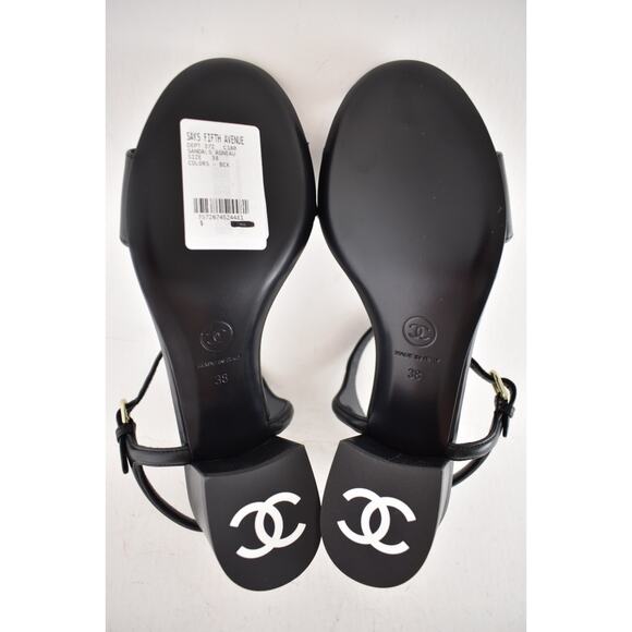 Chanel 24C Black Lambskin Leather Gold Logo Ankle Strap Block Heel Sandal 38 - Picture 14 of 14